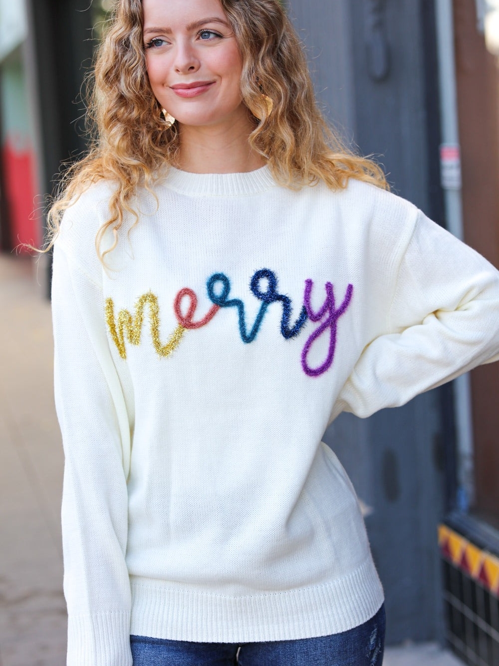 BiBi Cream Crewneck Sweater with Multicolor 'merry' Appliqué